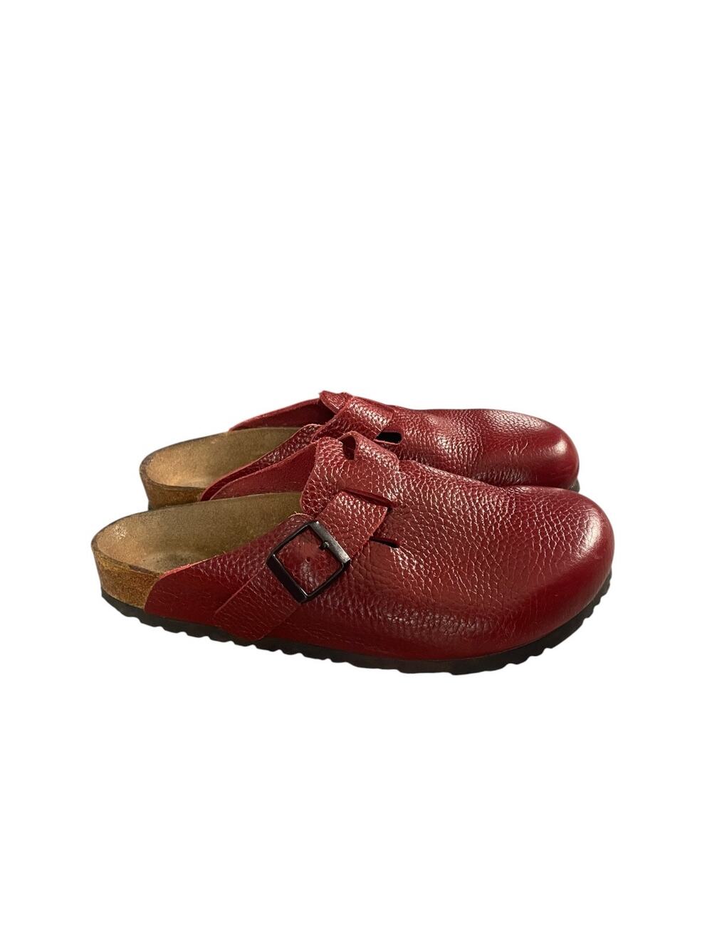Birkenstock Red Textured Leather Slip-On Mule with Buckle